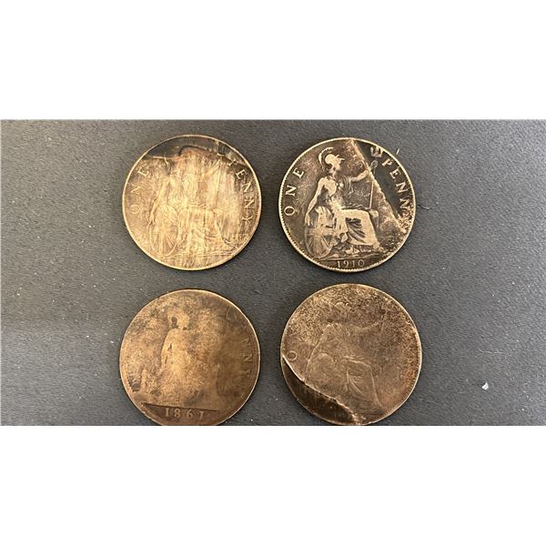 (1) 1861 GREAT BRITAIN BRONZE LARGE PENNY & (3) EARLY 1900S GREAT BRITAIN BRONZE LARGE PENNIES