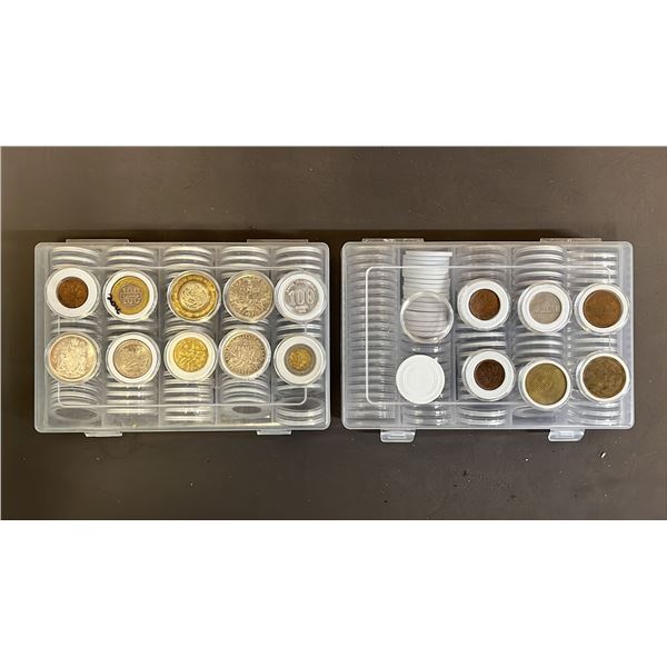 (2) CONTAINERS OF ASSTD. CANADIAN PENNIES, FOREIGN COINS & COIN CAPSULES *ALL COINS ARE IN CAPSULES*