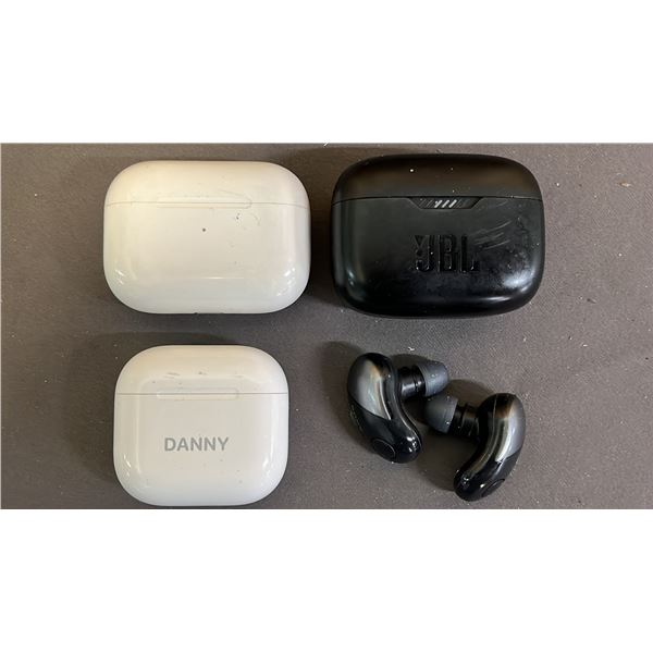 SONY WIRELESS EARBUDS (NO CHARGING CASE), JBL EARBUDS & (2) APPLE AIR PODS (1 SET MISSING 1 EAR BUD)