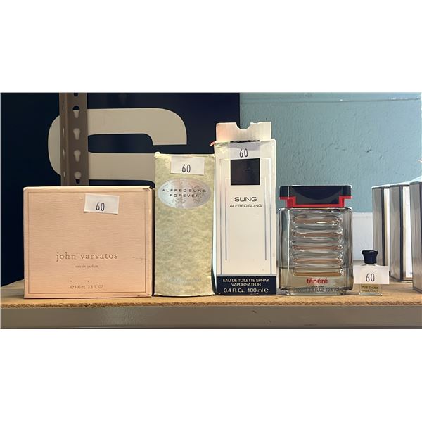 (5) BOTTLES OF ASSTD. PERFUME: JOHN VARVATOS, ALFRED SUNG, TENERE & MORE *2 ARE PARTIALLY USED*
