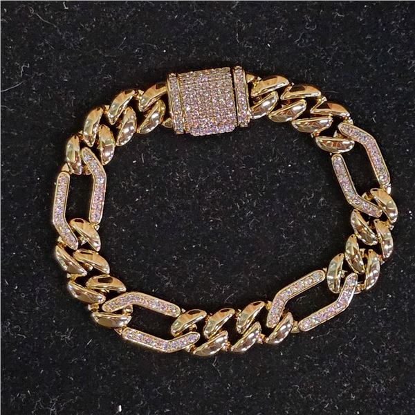 *NEW* 14KT GOLD PLATED 11MM SIMULATED DIAMOND (CZ) ICED OUT CUBAN LINK BRACELET: 7.5" LONG