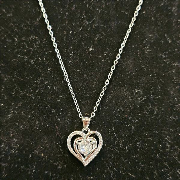 *NEW* .925 SILVER 0.8CT SIMULATED DIAMOND (CZ) HEART HALO NECKLACE: 16"-18" LONG