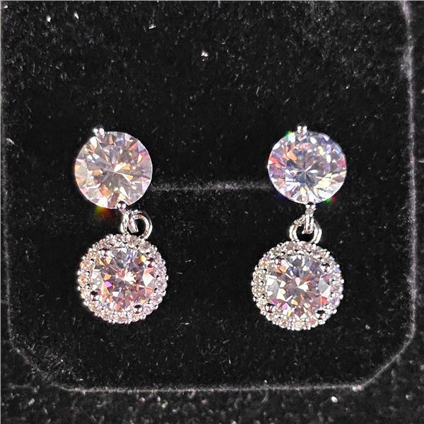*NEW* .925 SILVER SIMULATED DIAMOND (CZ) DANGLE HALO EARRINGS: 2CT + 1CT EACH EARRINGS