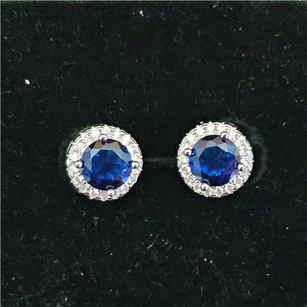 *NEW* .925 SILVER SAPPHIRE BLUE SIMULATED DIAMOND (CZ) HALO EARRINGS: 1CT EACH EARRING