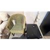 Image 2 : VINTAGE WICKER ARMCHAIR, PART OF A MULTI-TIER SIDE TABLE & (2) FOOT STOOLS