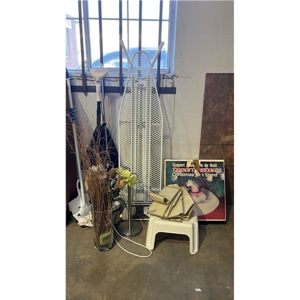 ASSTD. HOUSEHOLD ITEMS: CHRISTMAS TREE STAND, IRONING BOARD, TOBI GARMENT STEAMER, MOP & MORE