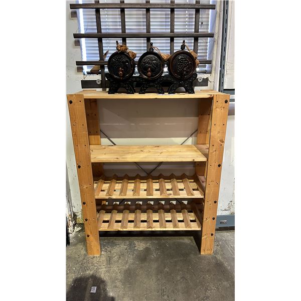 PINE 3-TIER WINE/LIQUEUR STORAGE RACK & (3) SMALL DECORATIVE WOOD BARRELS (CONDITION ISSUES)