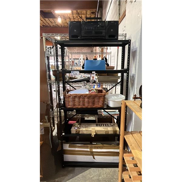 METAL STORAGE RACK & CONTENTS: SONY DUAL CASSETTE PLAYER, CABLEFLEX EXERCISE MACHINE, WINE RACK &