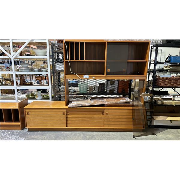 WOOD 2-PIECE SIDE BOARD WITH SLIDING BOTTOM DOORS & MEDIA STORAGE *NOT COMPLETELY BUILT*