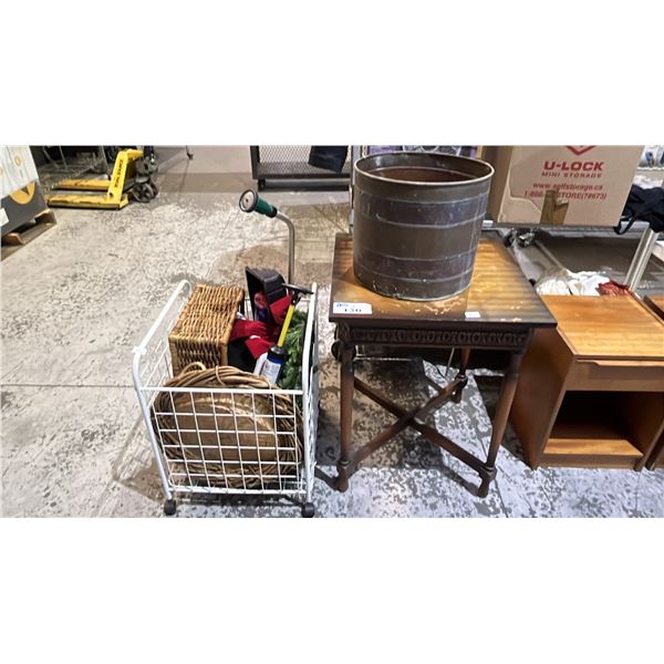 WOOD TABLE, LARGE METAL PLANT POT, ROLLING METAL WIRE RACK & CONTENTS (WICKER BASKETS, WREATHS &MORE