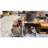 Image 1 : WOOD TABLE, LARGE METAL PLANT POT, ROLLING METAL WIRE RACK & CONTENTS (WICKER BASKETS, WREATHS &MORE