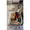 Image 4 : WOOD TABLE, LARGE METAL PLANT POT, ROLLING METAL WIRE RACK & CONTENTS (WICKER BASKETS, WREATHS &MORE