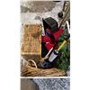 Image 5 : WOOD TABLE, LARGE METAL PLANT POT, ROLLING METAL WIRE RACK & CONTENTS (WICKER BASKETS, WREATHS &MORE