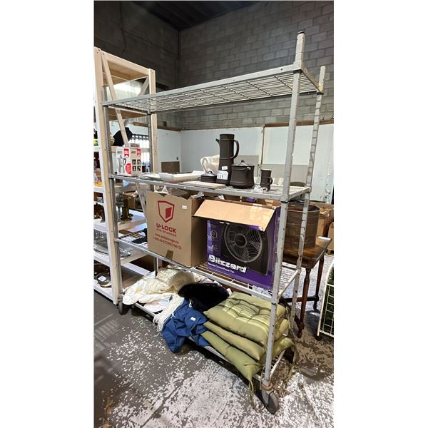 RACK OF ASSTD. ITEMS: DANSK COFFEE & TEAPOT SET (MISSING PIECES), MOKA POT, BLANKETS, FAN & MORE