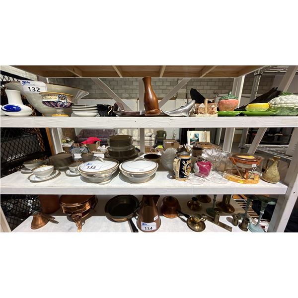 SHELF OF ASSTD. GLASSWARE: NORITAKE CHINA, BEER STEIN, DESSERT BOWLS, GLASS SWANS & MORE