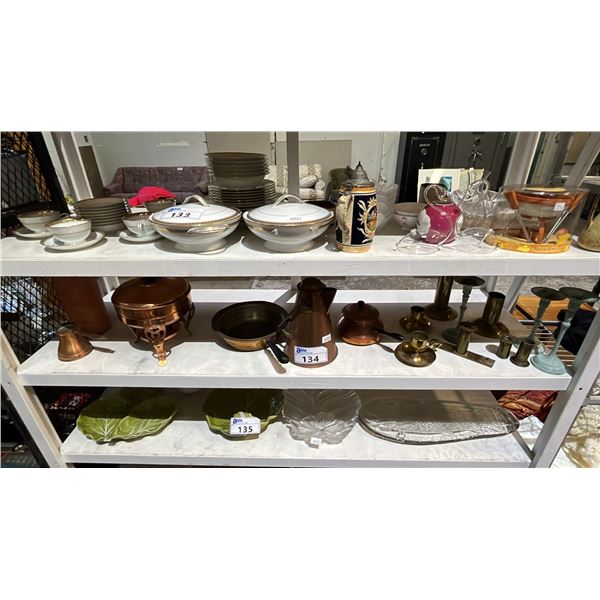 SHELF OF BRASS CANDLESTICKS, COPPER COFFEE POT, COPPER CHAFING DISH, COPPER BRIKI STOVETOP
