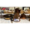Image 3 : SHELF OF BRASS CANDLESTICKS, COPPER COFFEE POT, COPPER CHAFING DISH, COPPER BRIKI STOVETOP