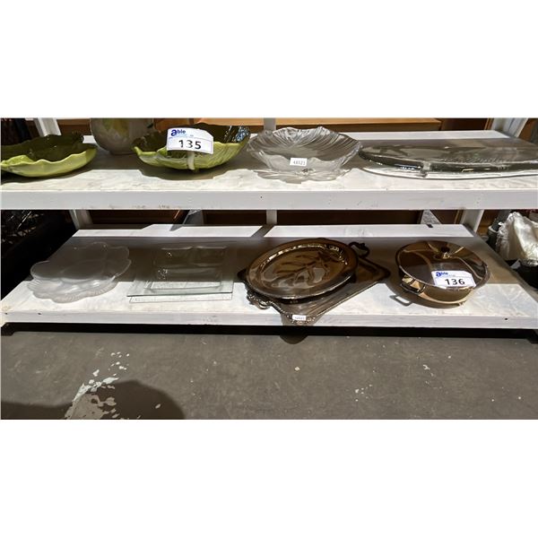 SHELF OF ASSORTED GLASS & METAL SERVING DISHES