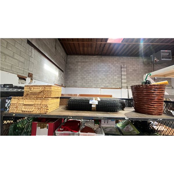 SHELF OF WICKER BASKETS, PVC COATED WIRE MESH , DARK GREY CARPET RUNNER & MORE