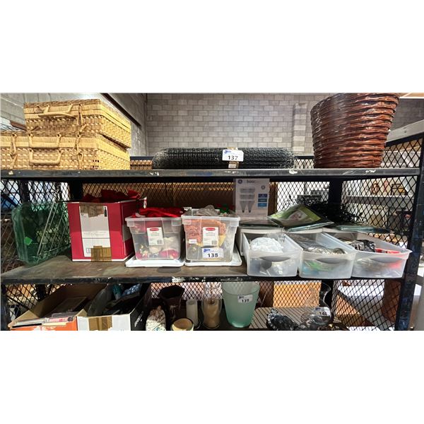 SHELF OF ASSTD. CHRISTMAS DECORATIONS, STACKING CHAIR COVERS, LED FLOODLIGHT BULBS & MORE