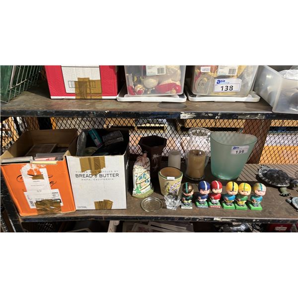 FOOTBALL PLAYER BOBBLE HEADS, BOX OF ASSORTED MUSIC CDS, BOX OF ASSORTED GLASSWARE, CANDLES & MORE