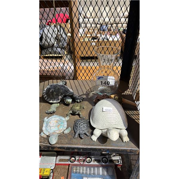GLASS VASE, CERAMIC PLANT WATER FEEDERS & ASSORTED DECORATIVE TURTLE FIGURES