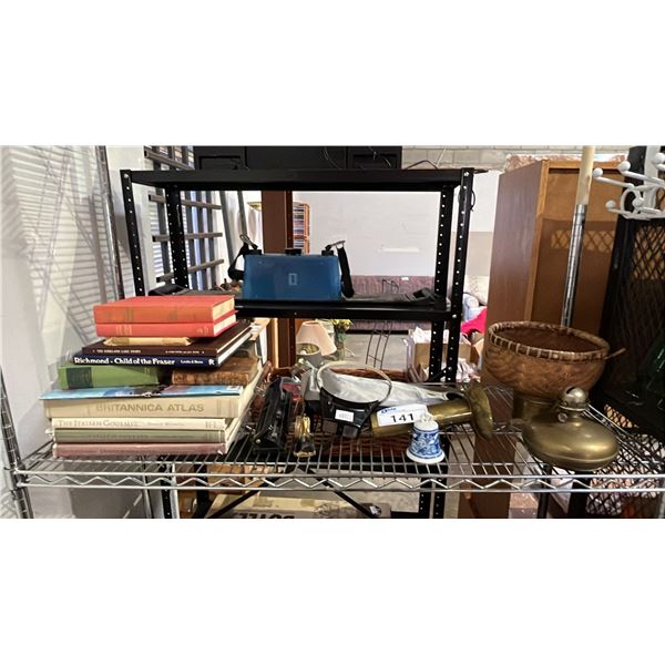 SHELF OF ASSORTED HARDCOVER BOOKS, HEAD MOUNTED MAGNIFIER, OIL LAMP BASE & MORE