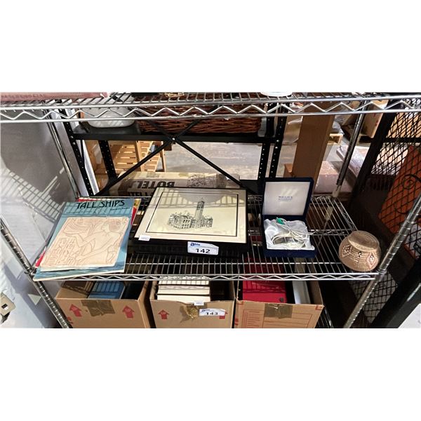 VINTAGE METAL ROLLER BALL MOUSE, VINTAGE FRAMED BUILDING PRINTS, PLASTER WALL TILE & MORE