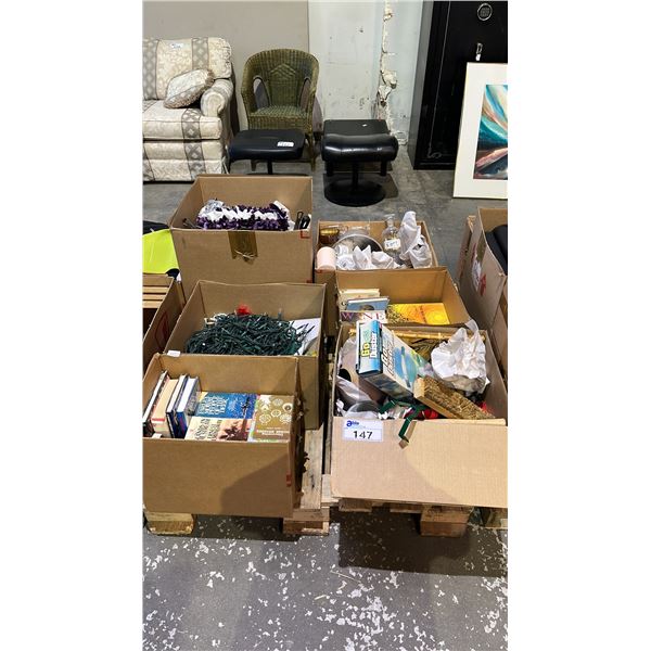 PALLET OF ASSTD. HOME ITEMS: BOOKS, STRING LIGHTS, GLASSWARE & MORE  *MUST TAKE ALL ON PALLET*