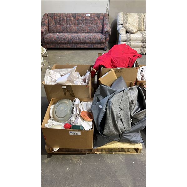 PALLET OF HOUSEHOLD ITEMS: CLOTHING, GLASSWARE, CAST IRON GRILL PAN, VASES & MORE *MUST TAKE ALL ON