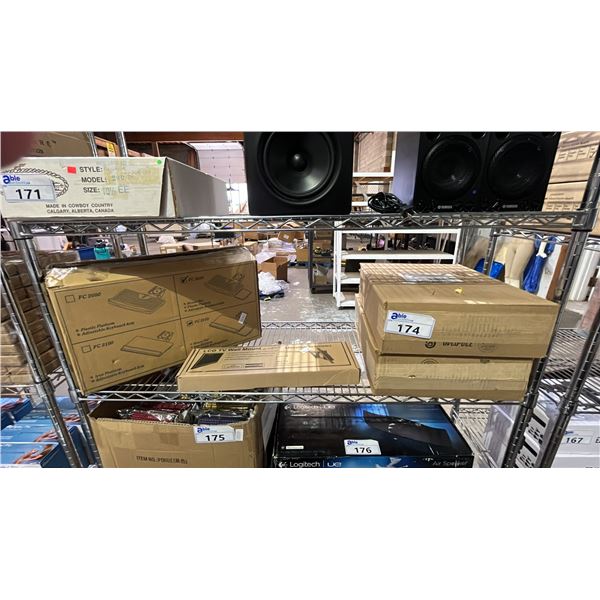 SHELF OF ASSORTED ITEMS INCLUDING LCD TV WALL MOUNT, FC2050, STEEL BATTERY UNIT & MORE