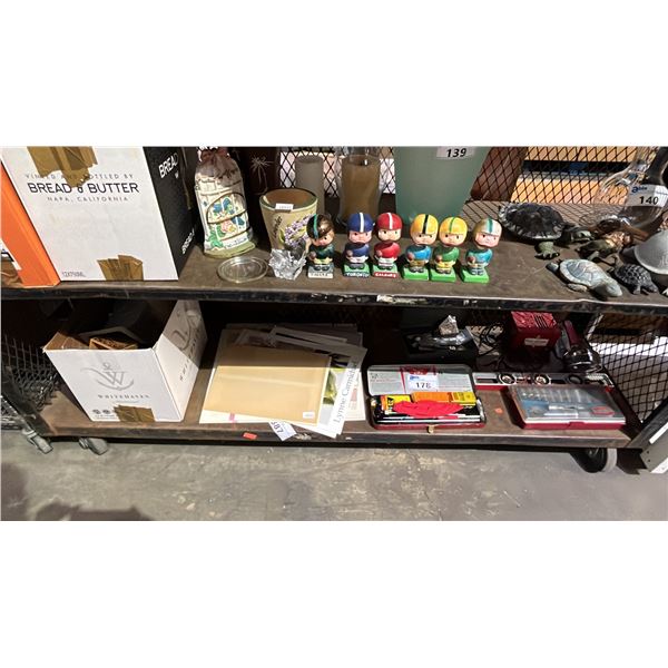 SHELF OF ASSORTED TOOLS, RIFLE CLEANING KIT, UNFRAMED ART & MORE