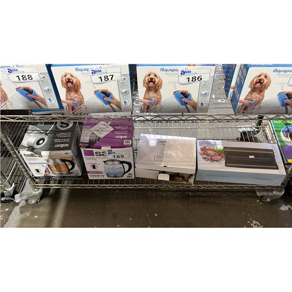 SHELF OF SALTON ELECTRIC KETTLES, MAGNETIC SPICE TINS, & VACUUM SEALER