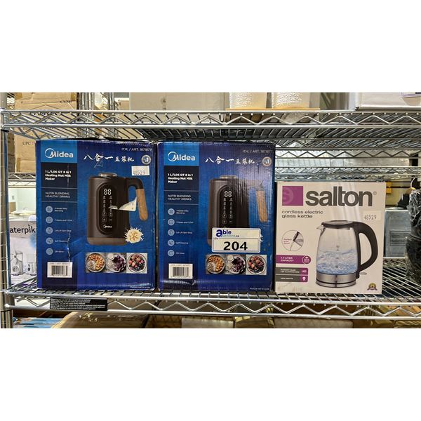 SALTON ELECTRIC KETTLE & (2) MIDEA ELECTRIC KETTLES