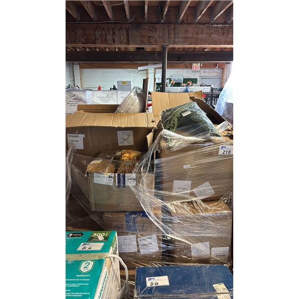 PALLET OF ASSTD. ITEMS: FAUX BOSTON FERN, GRADUATION HONOR CORDS, SNOWMAN PORCH LIGHT COVERS & MORE