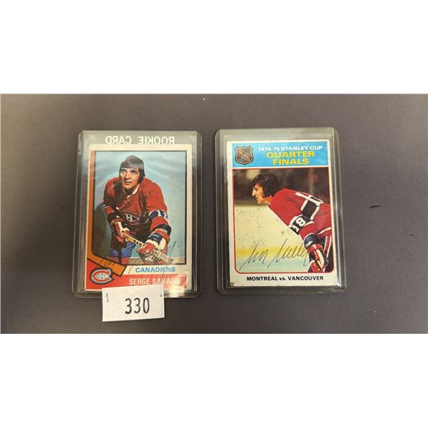 AUTOGRAPHED 1975 TOPPS #53 SERGE SAVARD & AUTOGRAPHED 1976 TOPPS 1974-75 STANLEY CUP QUARTER FINALS