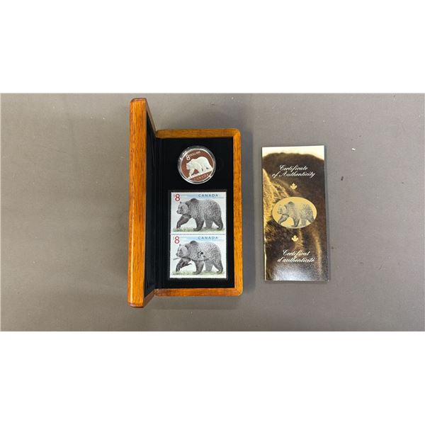 ROYAL CANADIAN MINT THE GREAT GRIZZLY .999 FINE SILVER COIN & $8 STAMP SET WITH COA & CASE