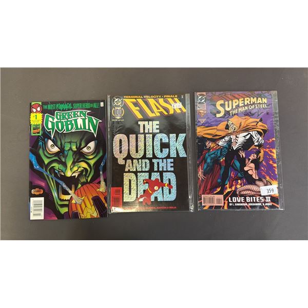 ASSORTED COMIC BOOKS INCLUDING; DC SUPERMAN, DC FLASH & MARVEL GREEN GOBLIN