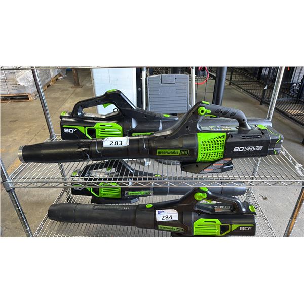 (2) GREENWORKS PRO CORDLESS LEAF BLOWERS *NO BATTERIES OR CHARGERS/WORKING CONDITION UNKNOWN/MAY BE