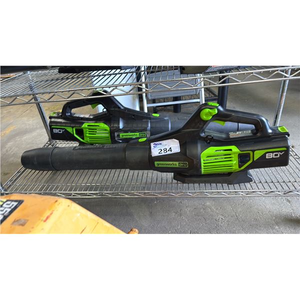 (2) GREENWORKS PRO CORDLESS LEAF BLOWERS *NO BATTERIES OR CHARGERS/WORKING CONDITION UNKNOWN/MAY BE