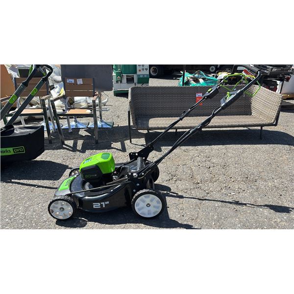 GREENWORKS 80V 21" CORDLESS LAWN MOWER *NO BATTERIES/NO CHARGER/WORKING CONDITION UNKNOWN/MAY BE