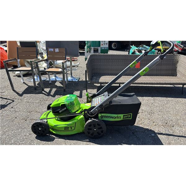 GREENWORKS PRO 80V 21" CORDLESS LAWN MOWER W/GRASS CATCHER BAG *NO BATTERIES/NO CHARGER/WORKING