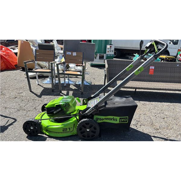 GREENWORKS PRO 80V 21" CORDLESS LAWN MOWER W/GRASS CATCHER BAG *NO BATTERIES/NO CHARGER/WORKING