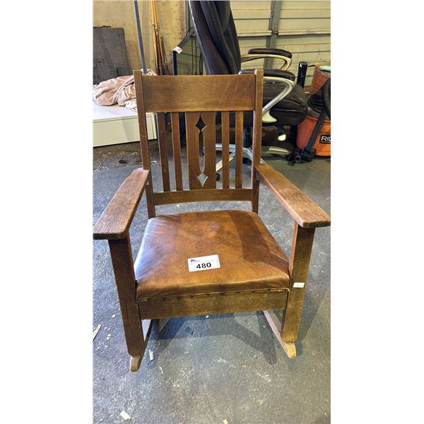 MISSION STYLE WOOD ROCKING CHAIR WITH PADDED UPHOLSTERED SEAT