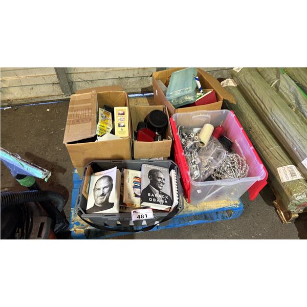 PALLET OF HOUSEHOLD ITEMS: BOOKS, CHRISTMAS DECOR, MINIATURE FLAGS & MORE: *MUST TAKE ALL ON PALLET*