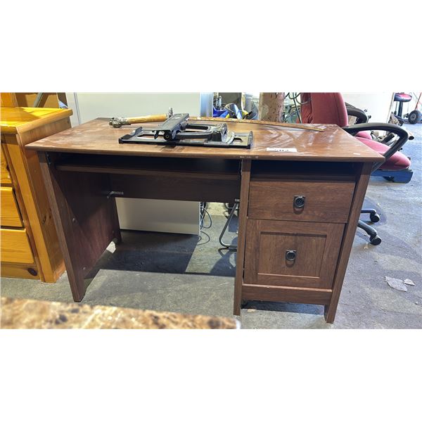 2-DRAWER WOOD DESK, ARTICULATING TV WALL MOUNT & KATANA WITH RUSTY BLADE