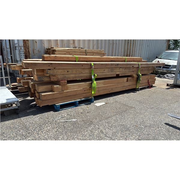 BUNDLE OF ASSORTED LENGTH AND WIDTH NOTCHED/FITTED DOUGLAS FIR LAMINATE WOOD UP TO 17.5' LONG