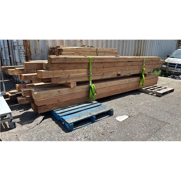 BUNDLE OF ASSORTED LENGTH AND WIDTH NOTCHED/FITTED DOUGLAS FIR LAMINATE WOOD UP TO 17.5' LONG