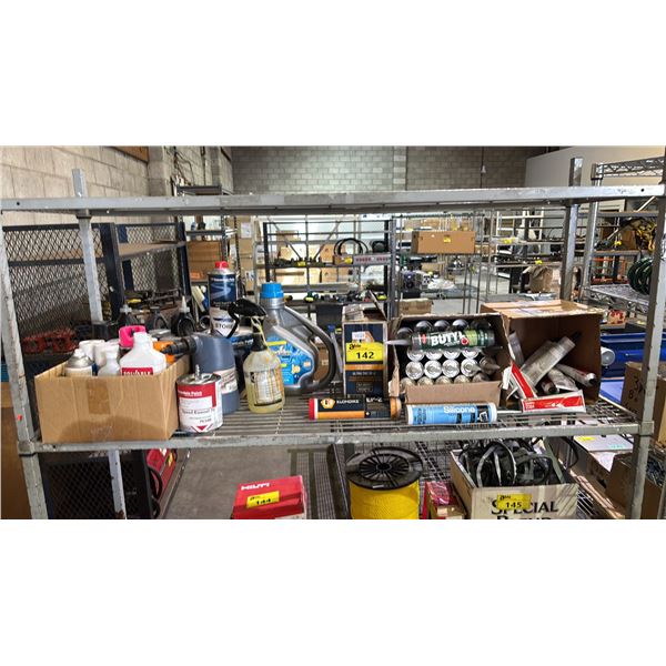 SHELF OF ASSORTED SEALANTS, KLONDIKE GREASE, PAINT, ICE PREVENTER, PREEMPT CS20 DISINFECTANT & MORE
