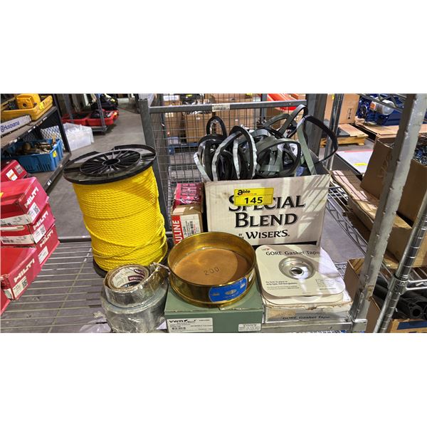SHELF OF GORE GASKET TAP, SPOOL OF YELLOW ROPE, BOX OF PUTTY TAPE & FOAM TAPE, & MORE